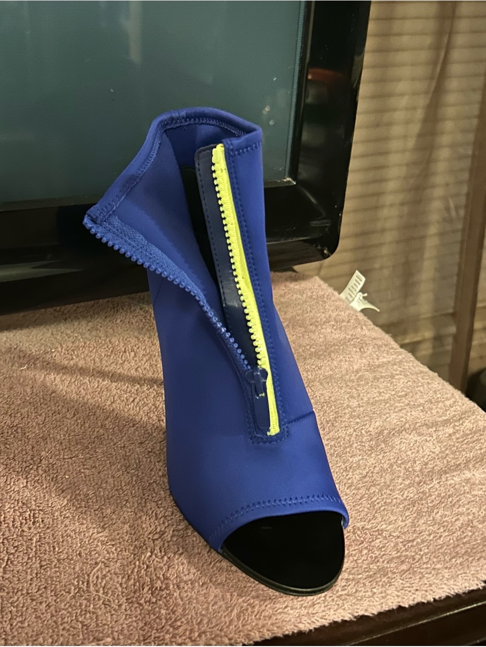 Aldo Royal Blue Peep-Toe Ankle Boot with Neon Yellow Zip